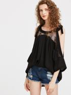 Shein Floral Lace Insert Tie Cold Shoulder Top