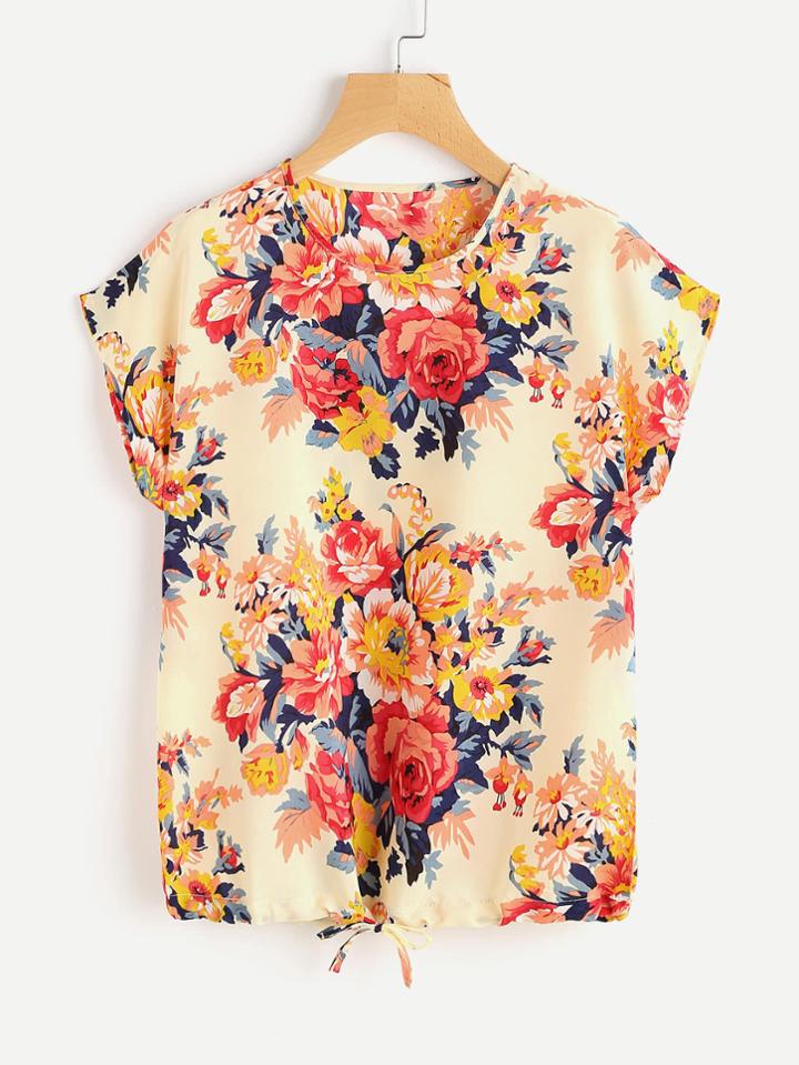 Shein All Over Floral Print Drawstring Hem Tee