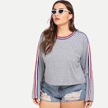 Shein Plus Striped Tape Detail Heathered Pullover