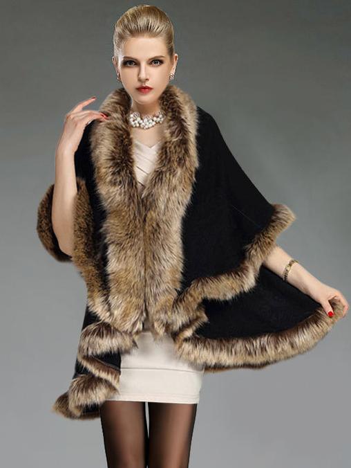 Shein Black Contrast Faux Fur Woolen Cape Coat