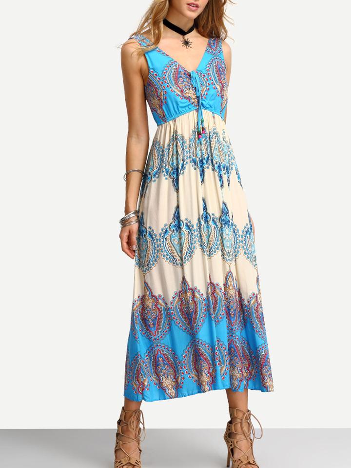Shein V Neck Vintage Print Lace Up Beach Dress