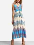 Shein V Neck Vintage Print Lace Up Beach Dress