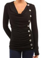 Rosewe Button Decorated Black Cowl Neck T Shirt