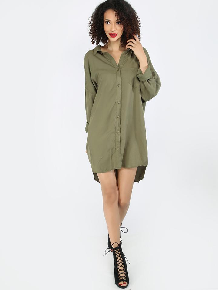 Shein Army Green Long Sleeve Bottons Dip Hem Blouse