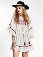 Shein Embroidered Fringe Tie Pompom Detail Frill Dress