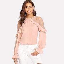 Shein Mesh With Pearl Detail Ruffle Trim Top