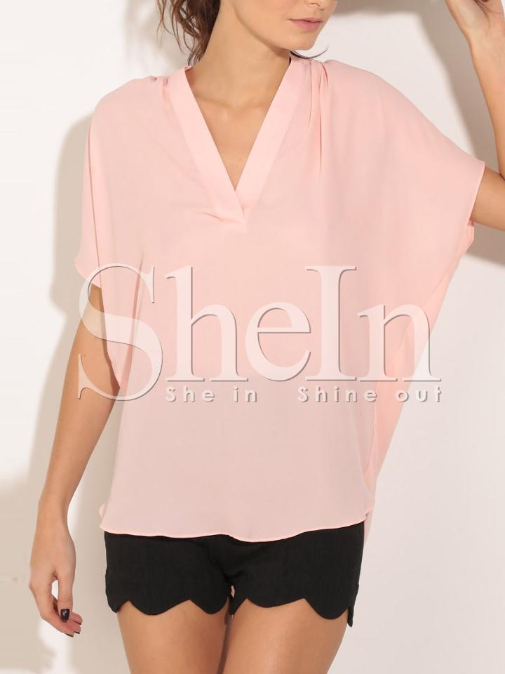 Shein Pink Batwing Sleeve V-neck Dip Hem Blouse