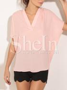 Shein Pink Batwing Sleeve V-neck Dip Hem Blouse