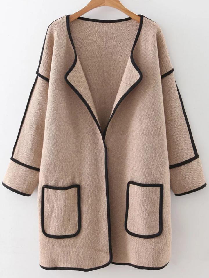 Shein Khaki Contrast Trim Drop Shoulder Hidden Button Pocket Cardigan