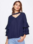 Shein Choker V Cut Layered Trumpet Sleeve Blouse