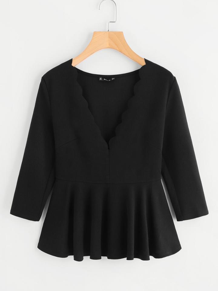 Shein Scallop Plunging Zipper Side Peplum Blouse