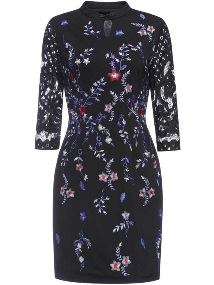 Shein Black Collar Flowers Embroidered Sheath Dress