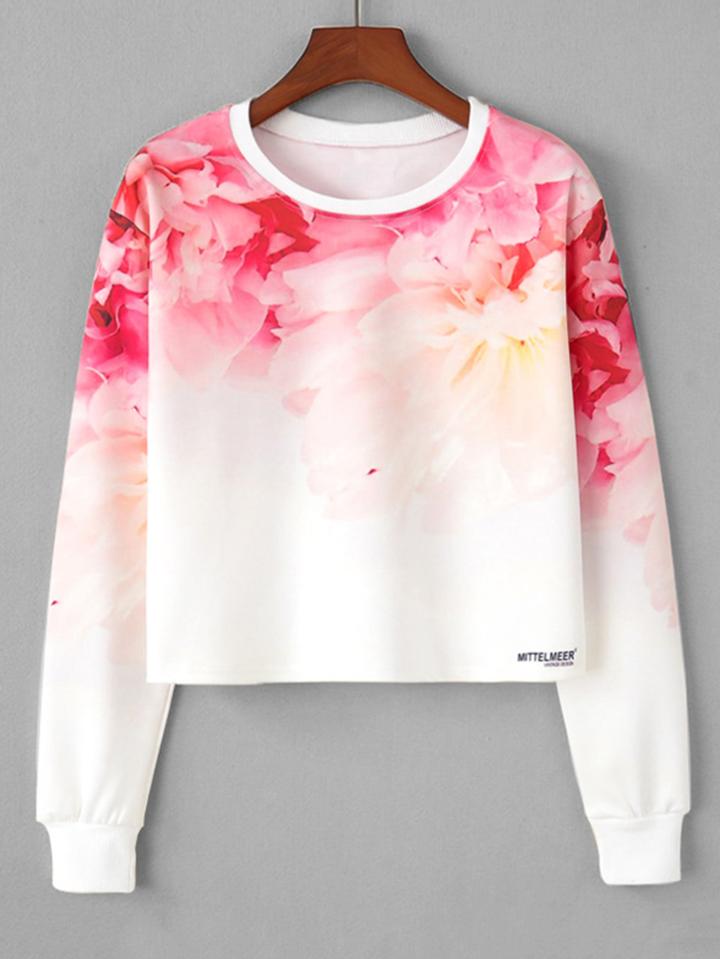 Shein Ombre Flower Print Crop Sweatshirt