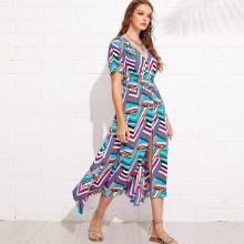 Shein Button Up Shirred Waist Chevron Stripe Dress