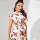 Shein Waist Belted Flower Print Flutter Sleeve Dress