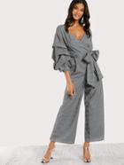 Shein Gathered Sleeve Surplice Wrap Plaid Jumpsuit