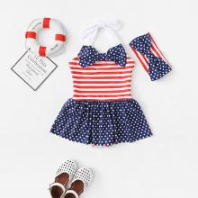 Shein Girls Bow Detail Swimsuit With Headband