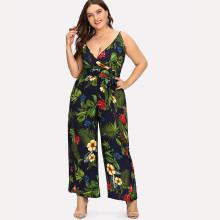Shein Plus Belted Tropical Wrap Cami Jumpsuit