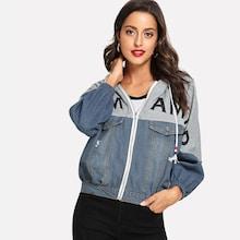 Shein Letter Print Ripped Drawstring Denim Jacket