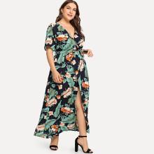 Shein Plus Floral Print Self Tie Waist Split Dress