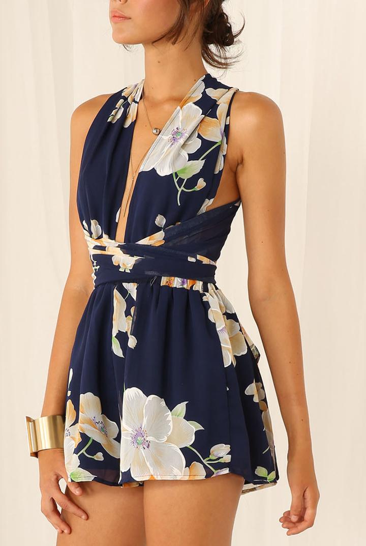 Shein Black Criss Cross Floral Slim Jumpsuit