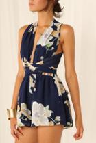 Shein Black Criss Cross Floral Slim Jumpsuit