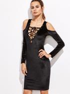 Shein Black Lace Up V Neck Cold Shoulder Dress