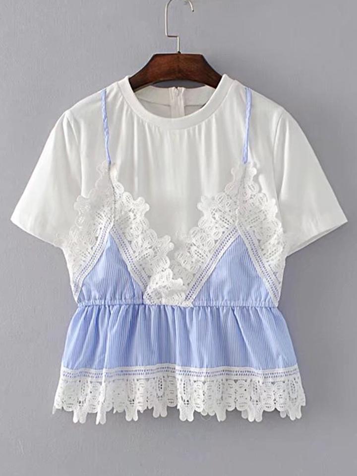 Shein Contrast Lace Zipper Back 2 In 1 Top