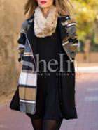 Shein Khaki White Long Sleeve Lapel Plaid Coat