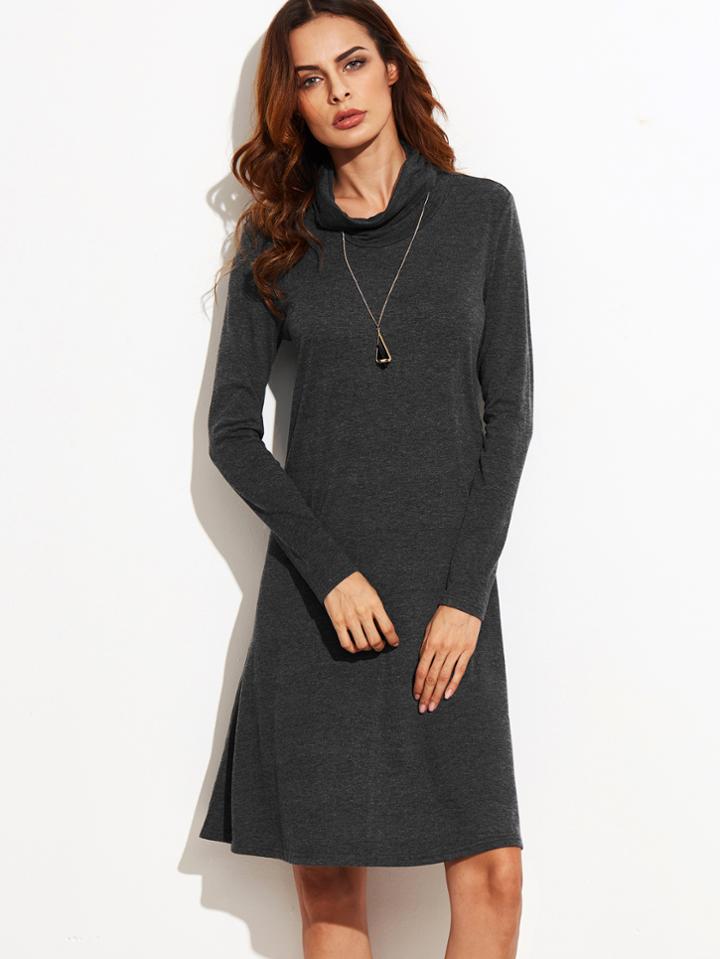 Shein Dark Grey Funnel Neck Long Sleeve Shift Dress