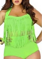 Rosewe Halter Neck Tassels Decorated Green Bikini