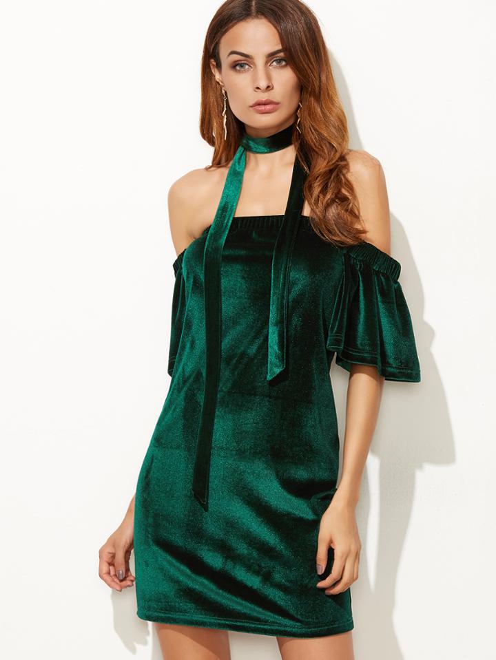 Shein Dark Green Off The Shoulder Ruffle Sleeve Velvet Dress With Neck Tie