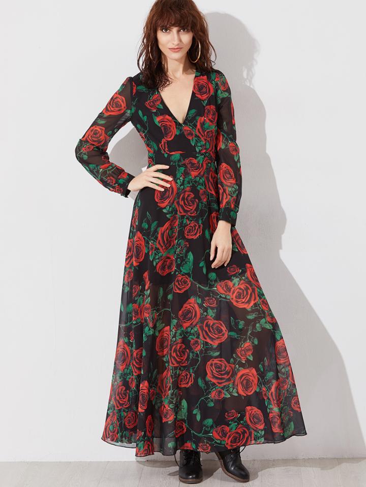Shein Black Rose Print Deep V Neck Long Sleeve Maxi Dress