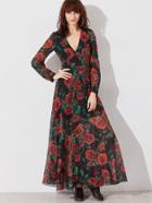 Shein Black Rose Print Deep V Neck Long Sleeve Maxi Dress