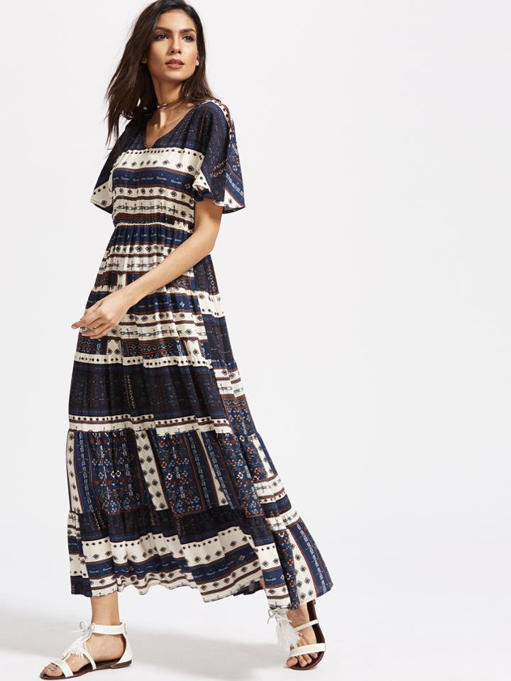 Shein Patchwork Print Flutter Sleeve Tiered Dress