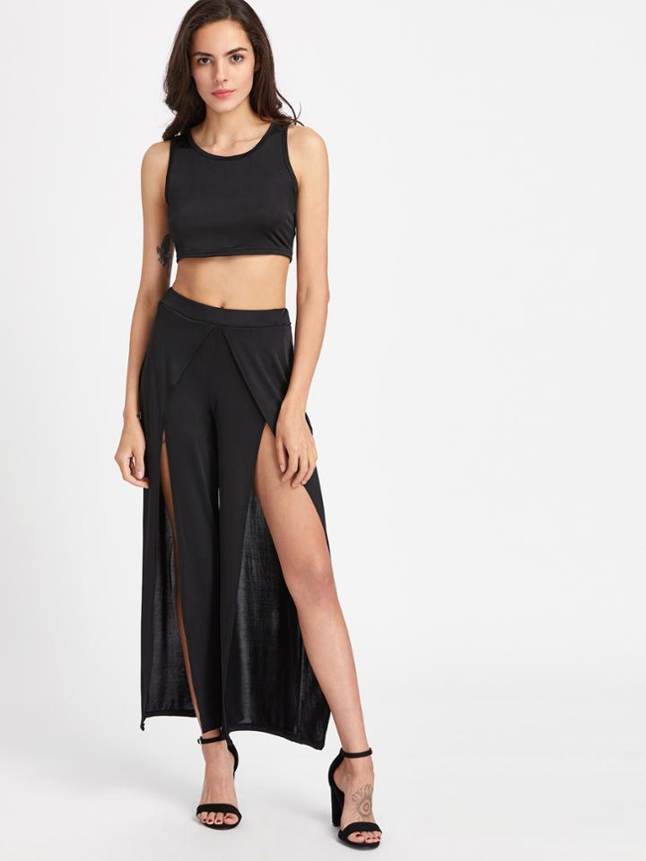 Shein Crop Tank Top With Slit Warp Pants