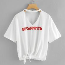 Shein Letter Print Self Tie Choker Neck Tee
