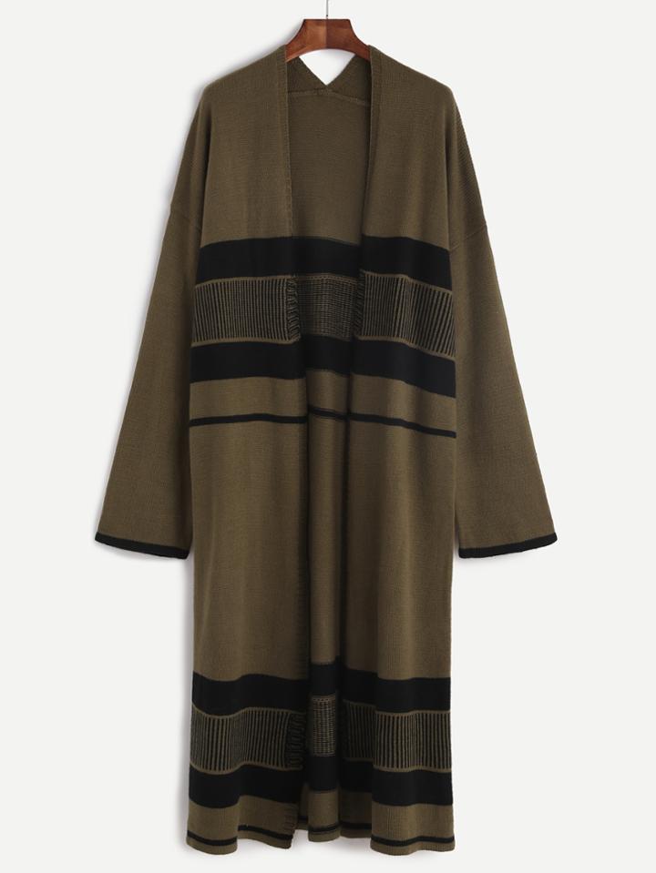 Shein Olive Green Striped Longline Sweater Coat