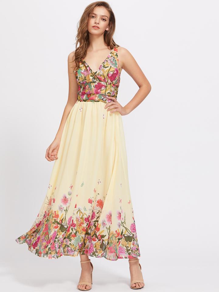 Shein Plunging V-neckline Floral Print Dress