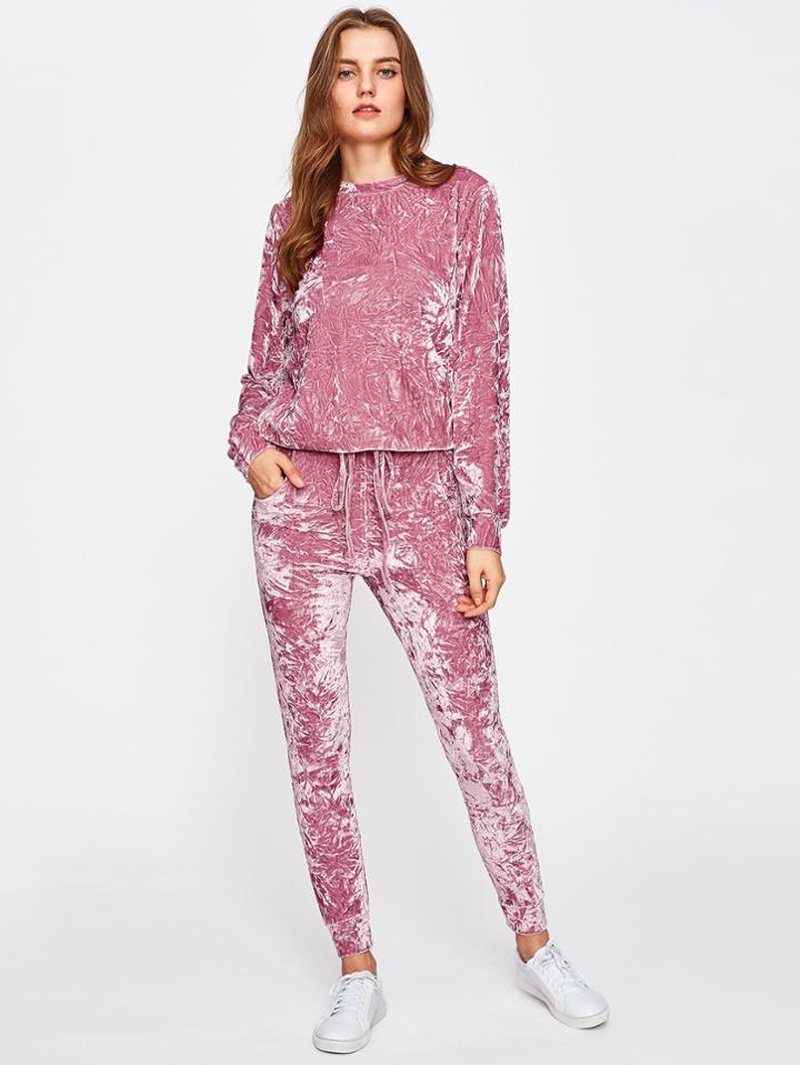 Shein Crushed Velvet Sweatshirt And Drawstring Pants Set