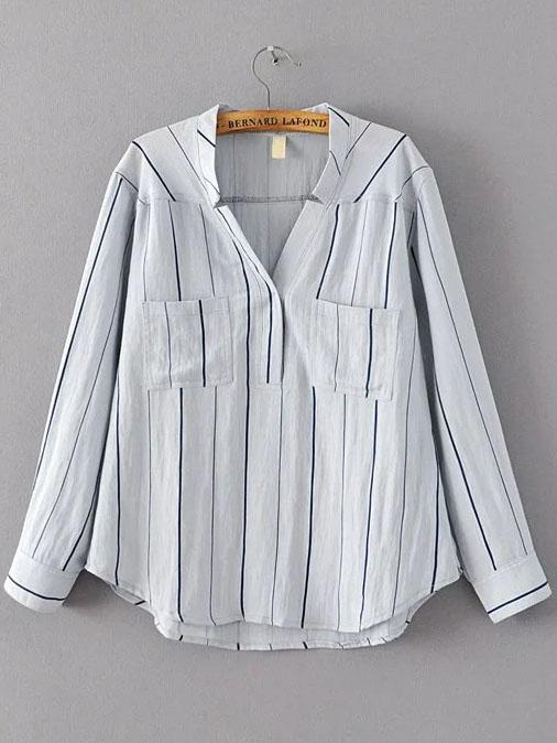 Shein Light Blue Vertical Striped Dip Hem Blouse