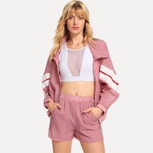 Shein Contrast Striped O-ring Zip Up Top And Shorts Set