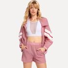 Shein Contrast Striped O-ring Zip Up Top And Shorts Set