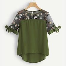 Shein Sheer Mesh Panel Embroidered Blouse