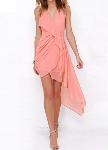 Rosewe High Waist V Neck Coral Asymmetric Dress