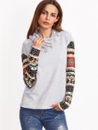 Shein Heather Grey Buttoned Cowl Neck Tribal Print Sleeve T-shirt