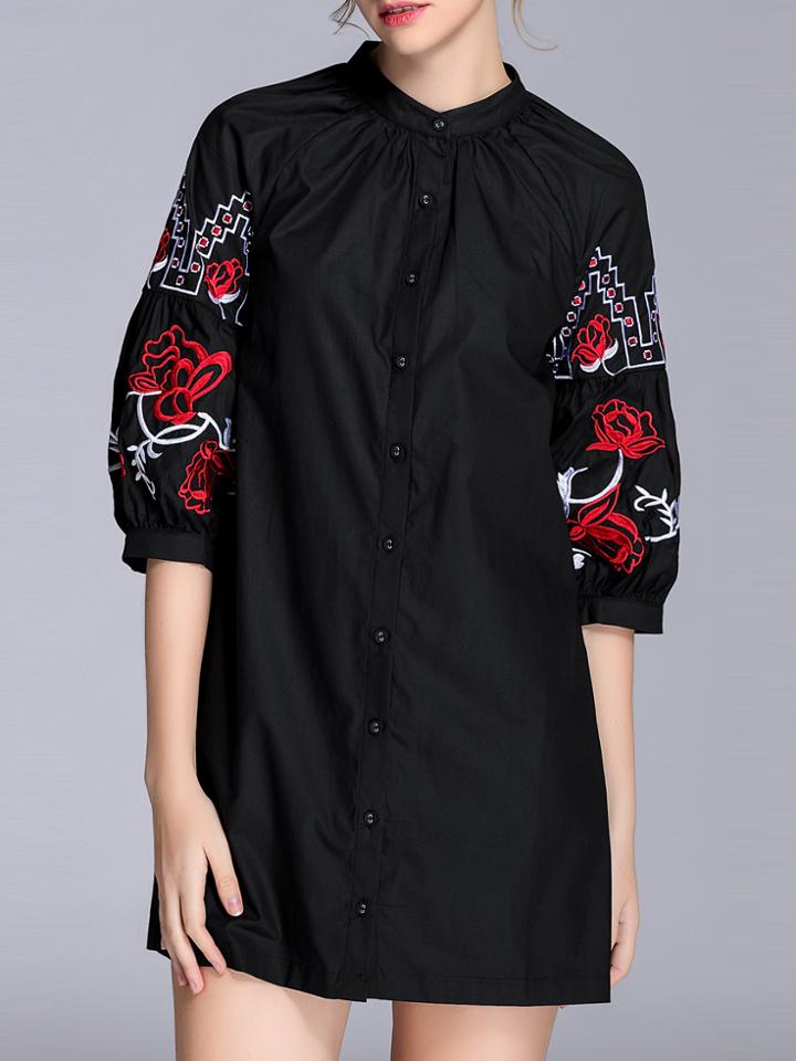 Shein Black Embroidered Pockets Shift Dress
