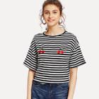 Shein Cherry And Striped Print Tee