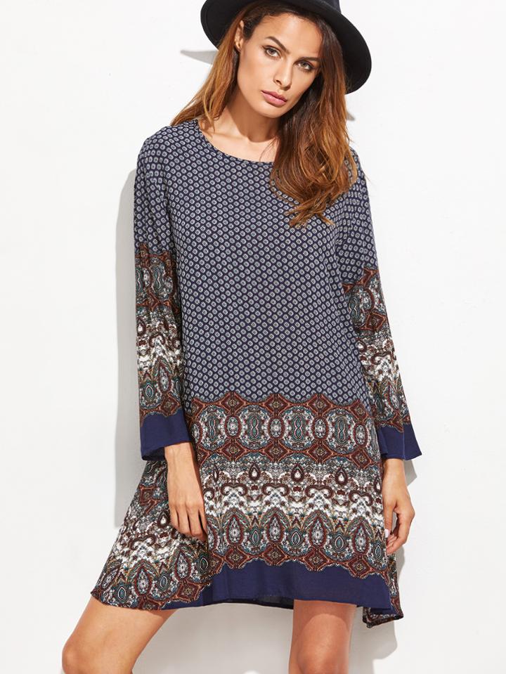 Shein Multicolor Tribal Print Long Sleeve Shift Dress