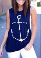 Rosewe Sleeveless Round Neck Anchor Print Navy Blue T Shirt